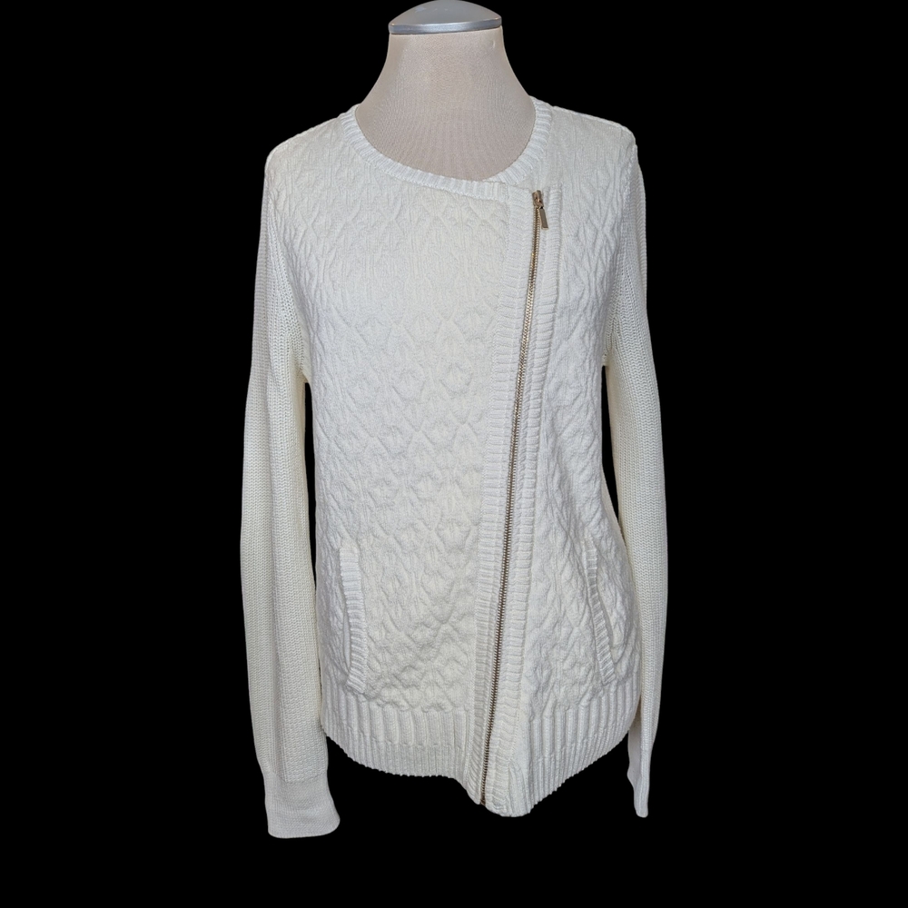 White House Black Market Ivory Cable Knit Zip Cardigan